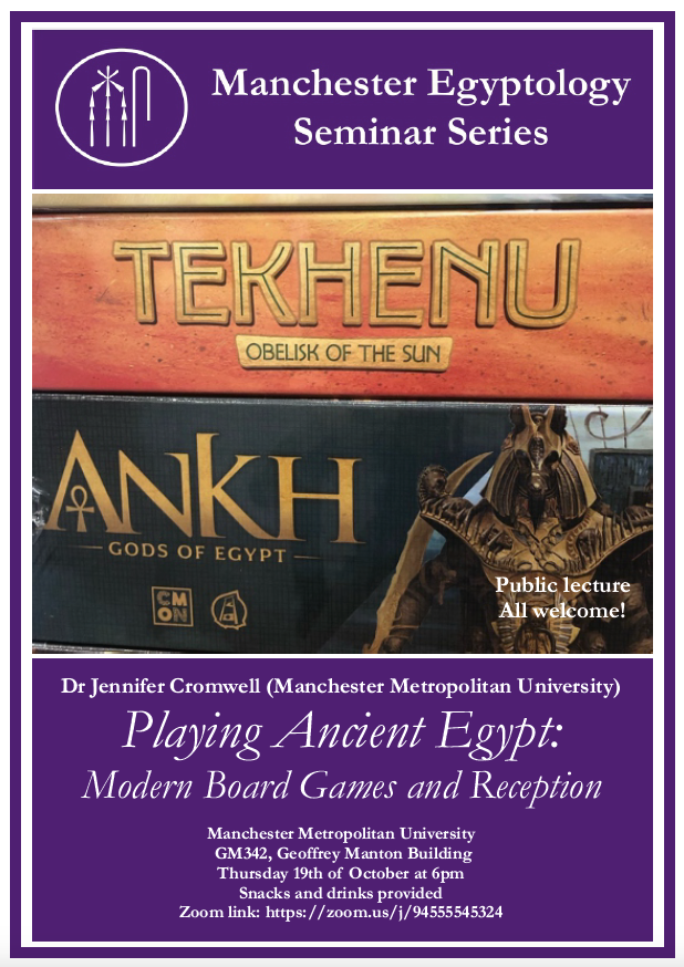 Next Thursday (19th Oct) I'll be joined by 3 of my @HistoryManMet students (Kira, Samuel, and Aieyan) to talk about board games based on Ancient Egypt as part of the @EgyptologyMess series. It's hybrid, on MMU's campus and via Zoom.