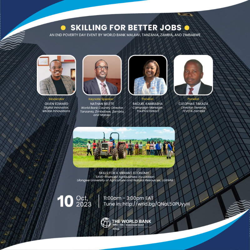 WorldBankAfrica's tweet photo. Calling all young minds in Malawi, Tanzania, Zambia, and Zimbabwe! @WorldBank invites you to join the conversation on the future of education, skills &amp; employment for a prosperous Africa.

TUNE IN: Tomorrow, Oct 10 at 11am East African Time
🔗https://t.co/AHBix3EKsq

#EndPoverty