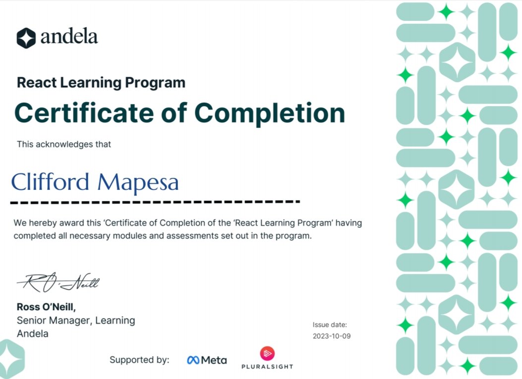 droffilcasepam1's tweet photo. I’m happy to announce that I have successfully completed the Andela React Learning Program and obtained a certificate of completion from Andela
#Andela #AndelaReactLearningProgram https://t.co/joH0ErKRFG