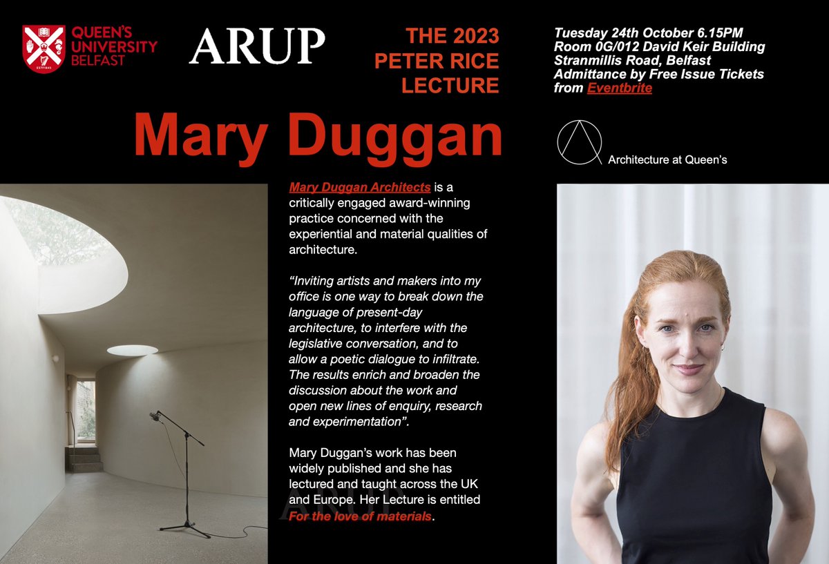 Pleased Mary Duggan <a href="/marydugganarc/">Mary Duggan</a> on "For the Love of Materials" <a href="/QUBarch/">Queen's Architecture</a> <a href="/QUBelfast/">Queen's University Belfast 🎓</a> 24th Oct at 6.15pm - support <a href="/Arup/">Arup</a> much appreciated. - Book a free ticket here:  tinyurl.com/mr3zt9s4. All welcome <a href="/ArchitectureNI/">The Royal Society of Ulster Architects</a> <a href="/UCDArch/">UCD Architecture</a> @DUarchitecture <a href="/ArchUlster/">Architecture at Ulster</a> <a href="/Archi_TUDublin/">Architecture TU Dublin</a>