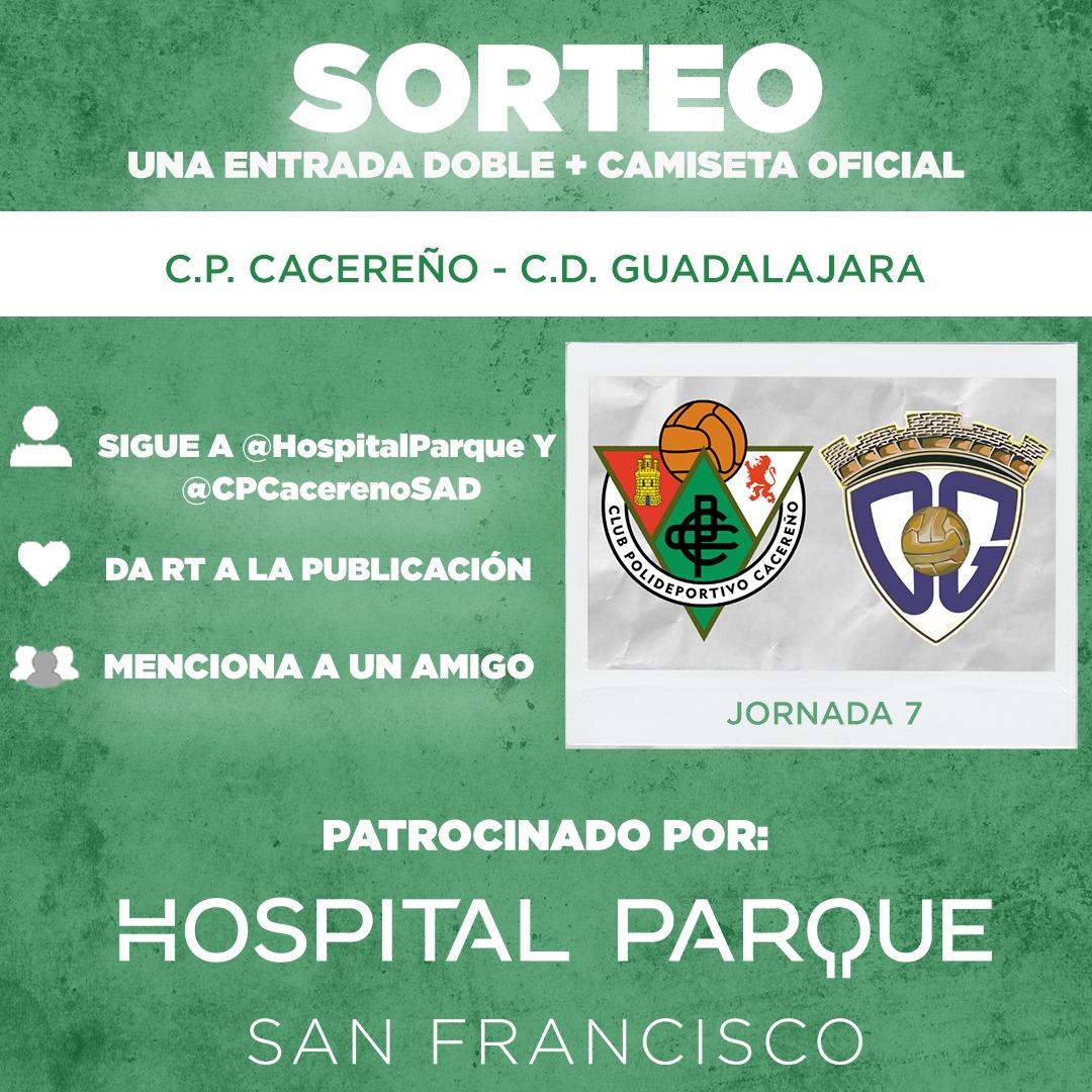 CP Cacereño (@cpcacerenosad) on Twitter photo 🚨 𝗦𝗢𝗥𝗧𝗘𝗢 | 𝗘𝗡𝗧𝗥𝗔𝗗𝗔 𝗗𝗢𝗕𝗟𝗘 + 𝗖𝗔𝗠𝗜𝗦𝗘𝗧𝗔 𝗢𝗙𝗜𝗖𝗜𝗔𝗟
¡Comenzamos la semana con sorteo de la mano de <a href="/HospitalParque/">Hospitales Parque</a>!
👕🎫 ¡Participa y llévate dos entradas y una camiseta oficial para el #CacereñoGuadalajara!
📆 Sorteo activo hasta el 11/10
¡SUERTE! 🍀 🚨 𝗦𝗢𝗥𝗧𝗘𝗢 | 𝗘𝗡𝗧𝗥𝗔𝗗𝗔 𝗗𝗢𝗕𝗟𝗘 + 𝗖𝗔𝗠𝗜𝗦𝗘𝗧𝗔 𝗢𝗙𝗜𝗖𝗜𝗔𝗟
¡Comenzamos la semana con sorteo de la mano de <a href="/HospitalParque/">Hospitales Parque</a>!
👕🎫 ¡Participa y llévate dos entradas y una camiseta oficial para el #CacereñoGuadalajara!
📆 Sorteo activo hasta el 11/10
¡SUERTE! 🍀