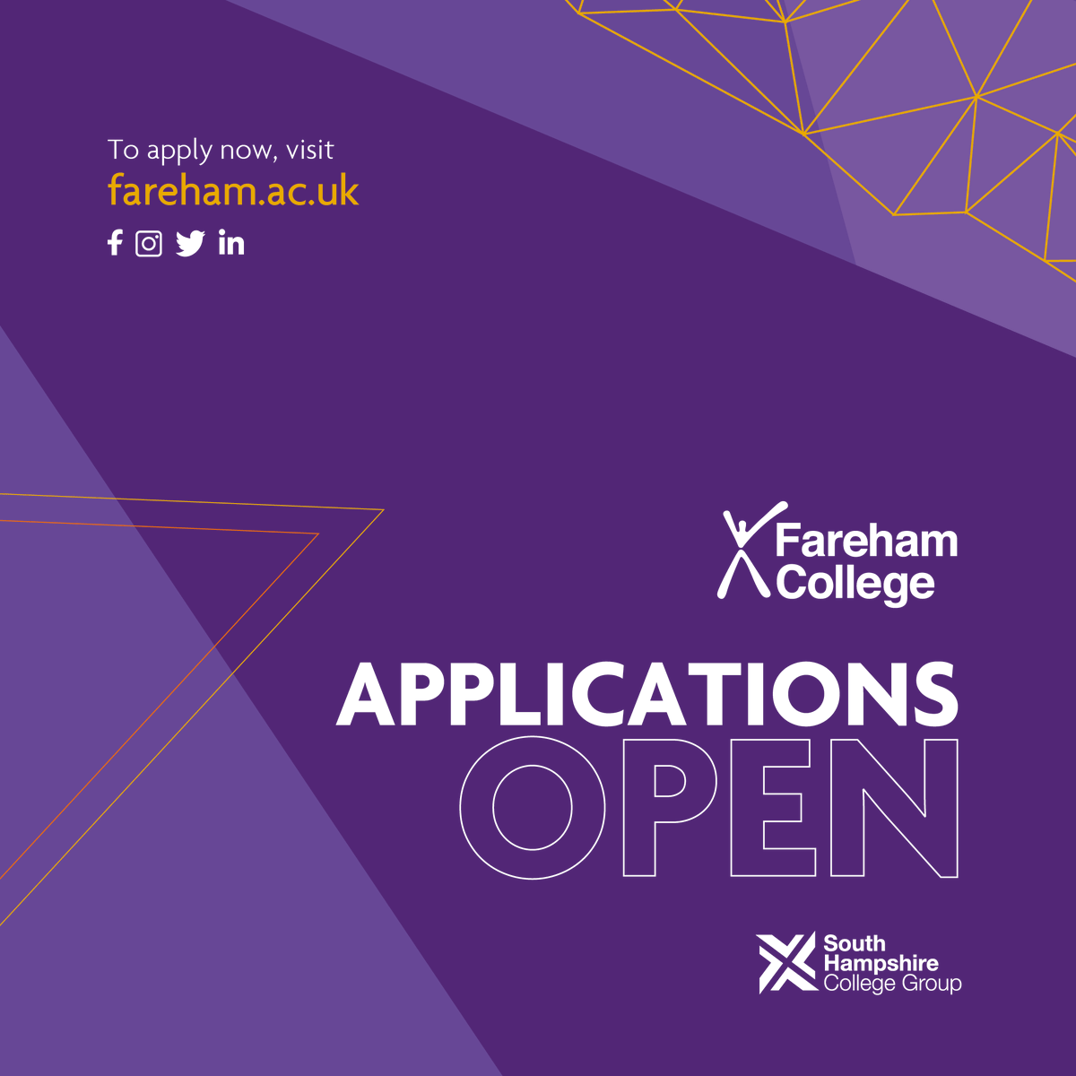 Applications are open for September 2024!

Secure your place and apply now to study at industry-standard facilities with expert teaching staff.

Apply now at fareham.ac.uk

#LoveOurColleges #CollegesWeek #FurtherEducation #CreatingBetterFutures