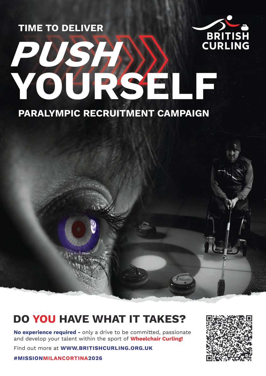 BritishCurling's tweet photo. ‘It's Time To Deliver – Push Yourself!'
Join our Paralympic Pathway Recruitment Campaign & start YOUR journey today - it could take YOU to @milanocortina26
▶️https://t.co/2ZVw5FtOuA
#curling #wheelchaircurling #AllAbilities #InclusiveActivity #FloorCurl #MondayMotivation https://t.co/dw1USZNiXi