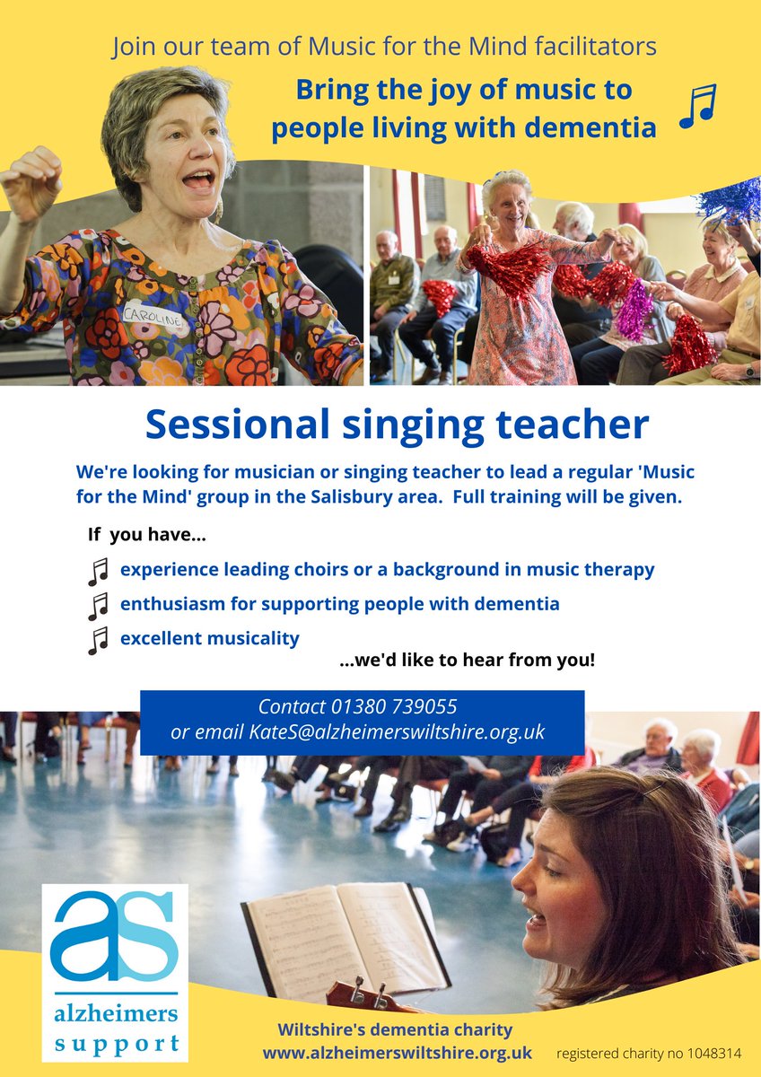 We're looking for a sessional singing teacher to lead our well-established #MusicfortheMind groups in #Salisbury and #Amesbury. Get in touch to find out more 🎶 @fwhitt246 @ArtsForDementia @WiltsRuralMusic @MusicforDemUK @KLinakerSEPM @WellCitySals @RebSeymour