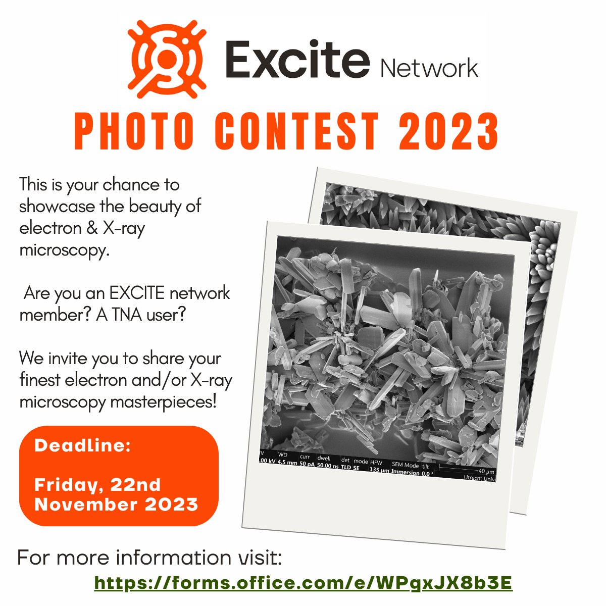 EXCITE_network's tweet image. 📢The 2023 @EXCITE_network Photo Contest is in full swing ‼️

🔬Showcase the beauty of your electron/X-ray #microsocpy work! Open to all TA users &amp;amp; network members.

📅Nov. 22, 2023

🏆Submit your best electron/X-ray microscopy image for a chance to win!👇
forms.office.com/e/WPgxJX8b3E
