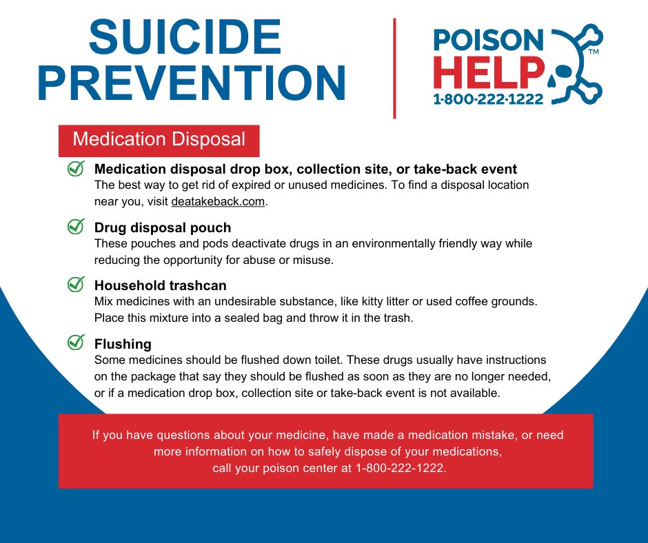 KSPoisonCenter's tweet photo. Keeping unused medications in the home creates a serious risk for abuse and suicide. Safely dispose of all expired and unused medications right away.
#PreventPoison #RemoveTheRisk #MedSafety #BeThe1To keep them safe https://t.co/3JC85v2Wsm