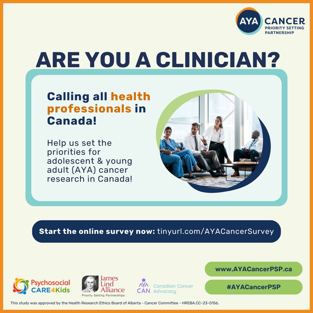 Do you treat or work with patients aged 18-39 that have been diagnosed with cancer in Canada? If so, we want to hear from YOU!!! 

Please share your ideas for priorities for this underserved population now!!  
Tinyurl.com/AYACancerSurvey 
#ayacancerpsp #ayacancer #yacancer
