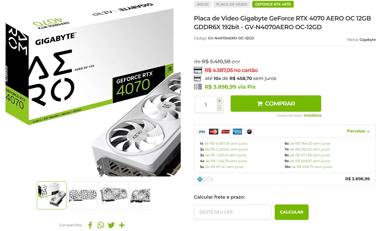 Placa de vídeo GIGABYTE RTX 4070 - 12GB, 192bits, AERO O