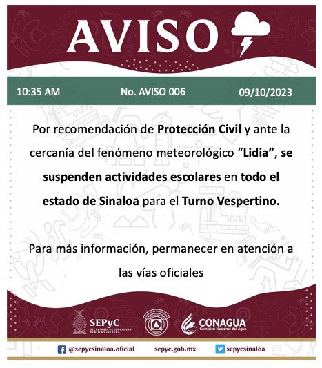 sspsinaloa1's tweet photo. Se mantiene suspensión de actividades escolares para todo el estado de Sinaloa en el Turno Vespertino, de acuerdo a la recomendación emitida por @PC_Sinaloa. https://t.co/u7n14m1roY