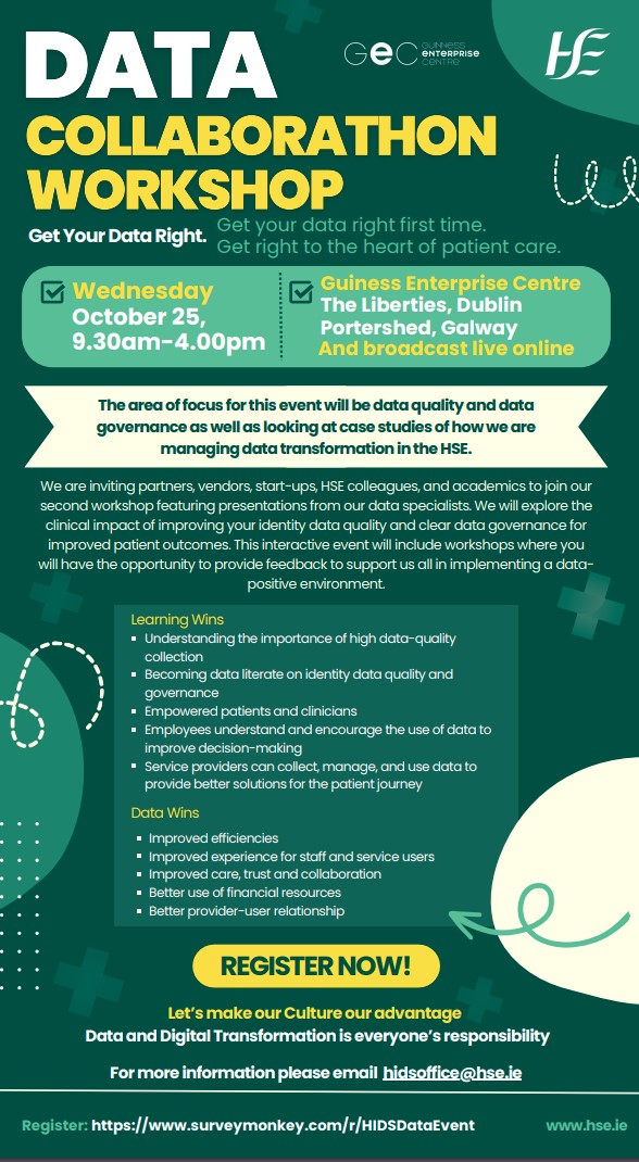 HSETandT's tweet photo. #EVENT Data Collaborathon Workshop - Get your Data right first time!
This event is open to the health ecosystem !
Lets all share and learn together to make a bigger impact.
Register here:https://t.co/7XaKaFC4Vq
#DataCollabrathon @FrThompson @Mark_Bagnell
@YvonneCoughlan3 https://t.co/COIYM2N2LH