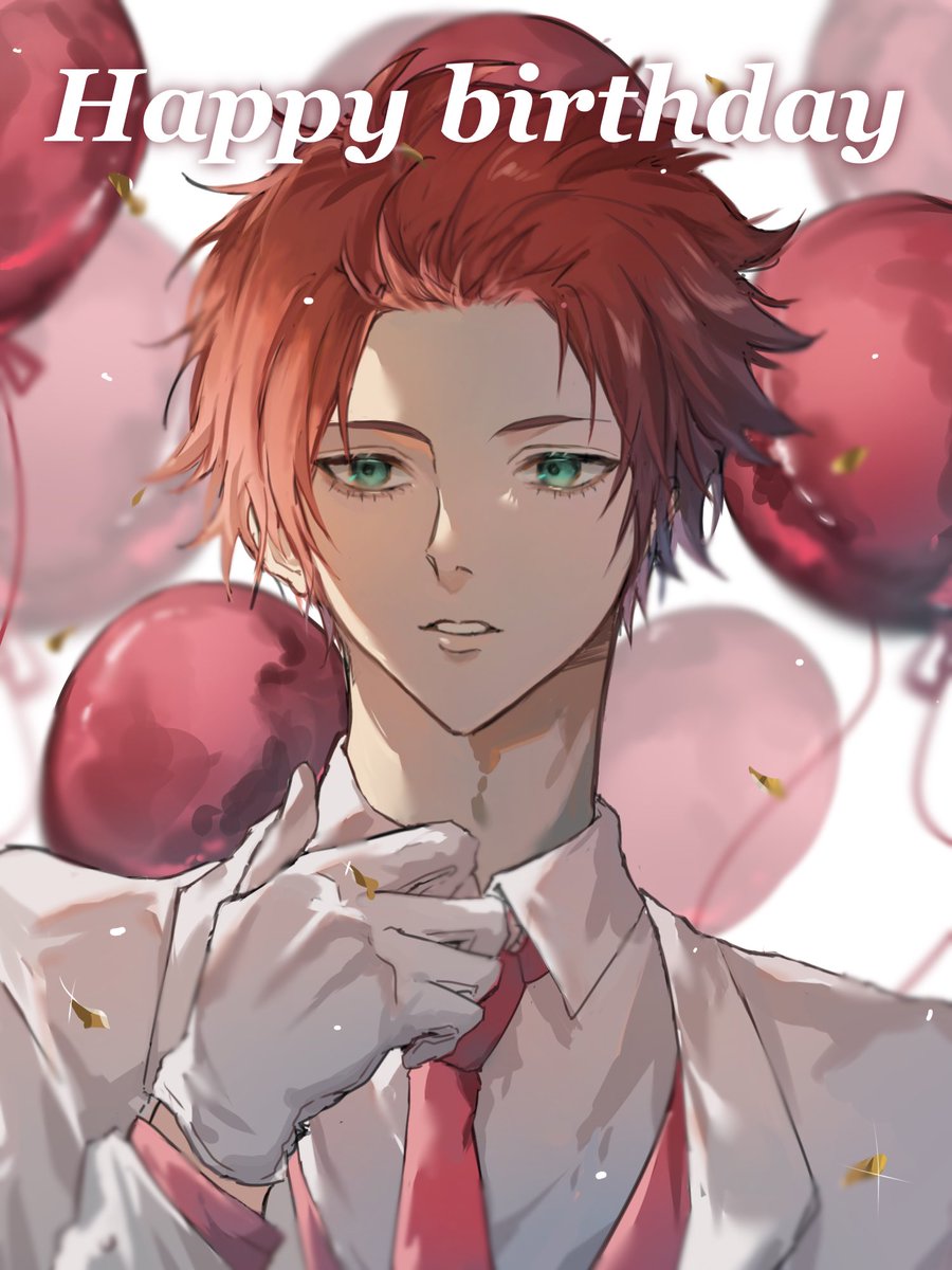 1boy male focus necktie gloves solo balloon red hair  illustration images