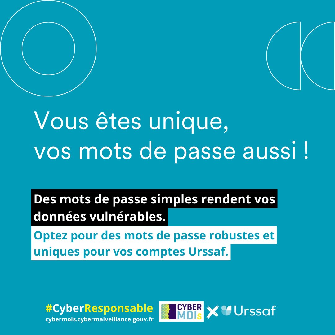 urssaf's tweet photo. 🔒Le Mois de la #Cybersécurité est là !
Rejoignez l'Urssaf et Cybermalveillance.gouv pour la 11e édition du #Cybermoi/s, avec des activités pour renforcer notre vigilance en cybersécurité.
La cyber est votre affaire !
#CyberResponsable #SécuritéNumérique @cybervictimes💻🔐 https://t.co/7LHt9GDrq0