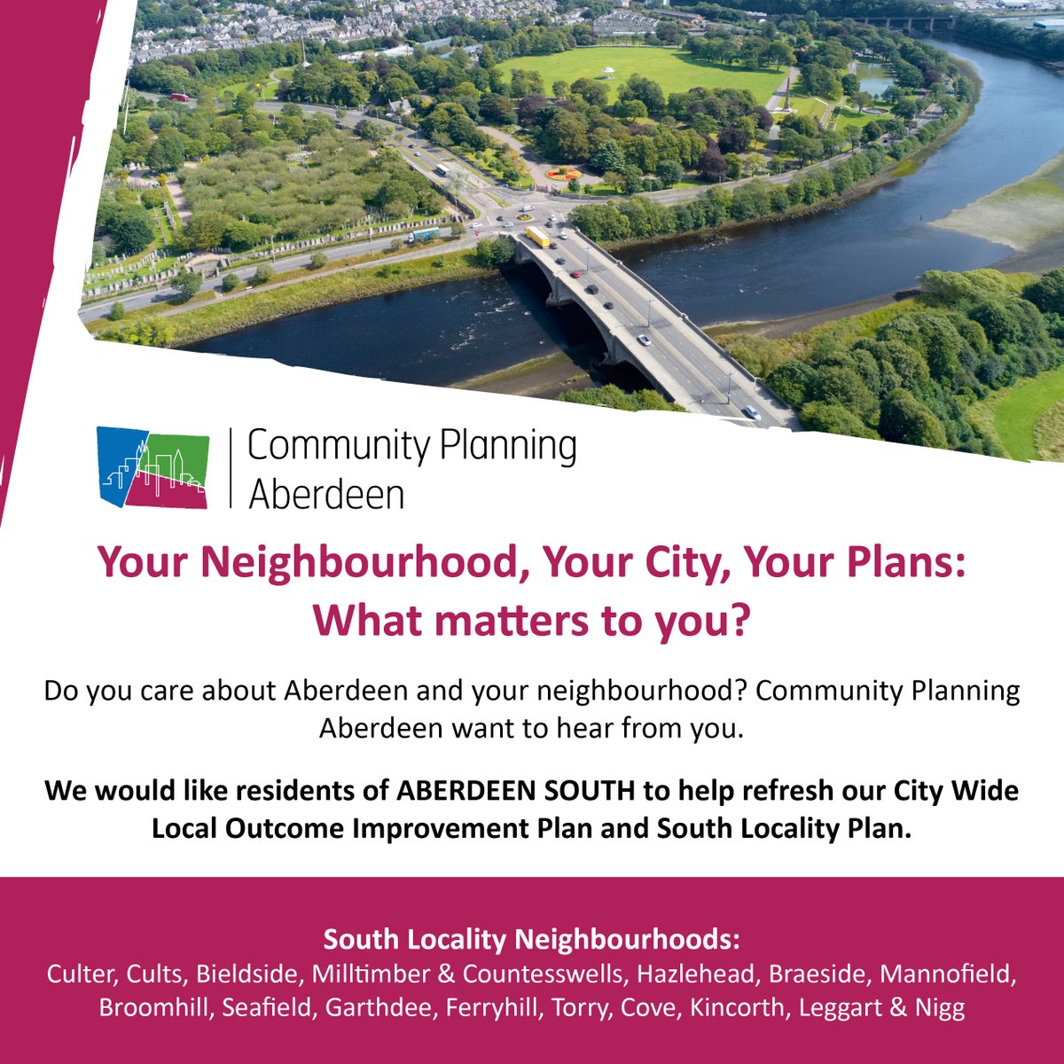 CPAberdeen's tweet photo. Calling all South residents. Come to our drop in events in your locality and share your views. Your first event is this Saturday (14 Oct) at Tullos Primary Assembly Hall 10am – 12pm. All welcome, no need to book. #whatmatterstoyouaberdeen #LOIPRefresh23 #LocalityPlansRefresh23 https://t.co/7SP1xpYT99