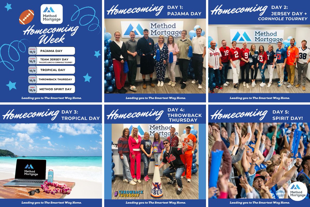 methodmortgage's tweet photo. Last week we celebrated HOME SWEET HOMECOMING WEEK at Method Mortgage! We had a fun time dressing up for our daily themes and embracing the spirit of fellowship and community. Our team's goal was to show our fans and friends how we can lead you to #TheSmartestWayHome https://t.co/ZSjhZNpdDh