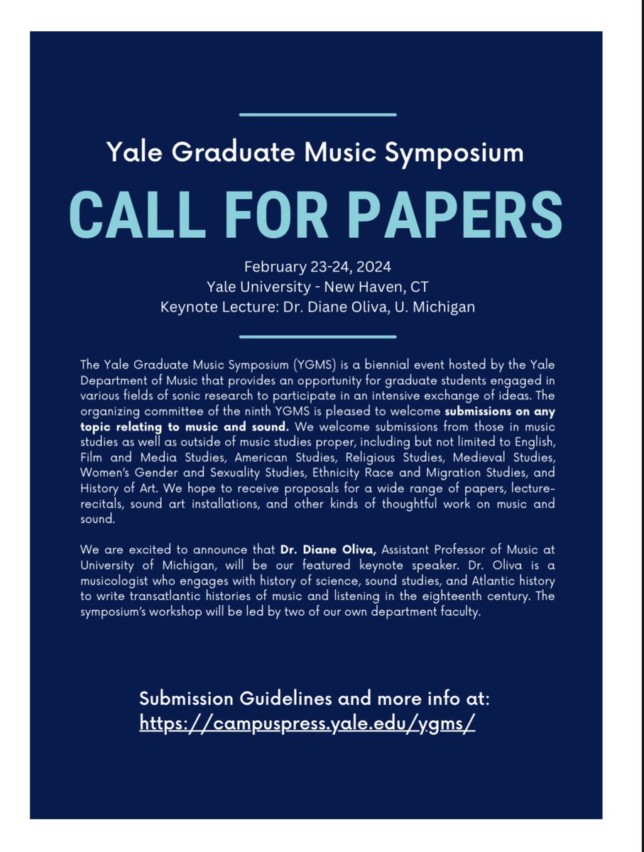 @ grad students, we want your proposals for the 2024 yale graduate music symposium !! accepting papers, lecture-recitals, and other kinds of presentations on ANY TOPIC relating to music and sound. #cfp 

learn more: campuspress.yale.edu/ygms/

contact us via email, ygms@yale.edu
