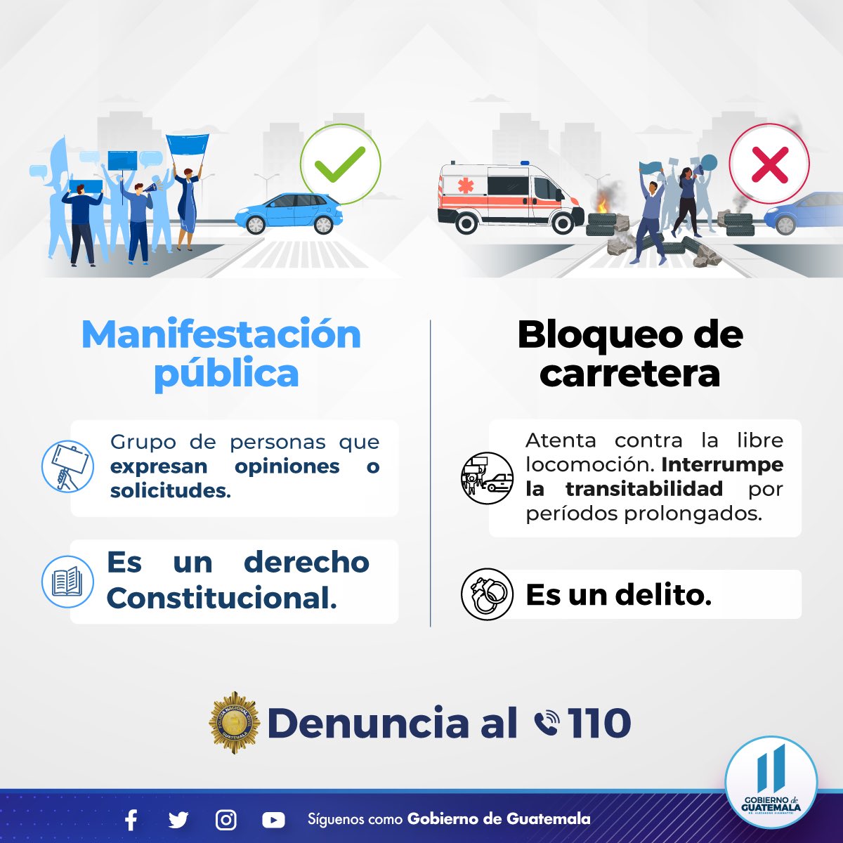 GuatemalaGob's tweet photo. 🔴 La manifestación pública es un derecho constitucional. 

Ante cualquier inconveniente puedes  denunciar al ☎️ 110. https://t.co/YL6hs38M1p