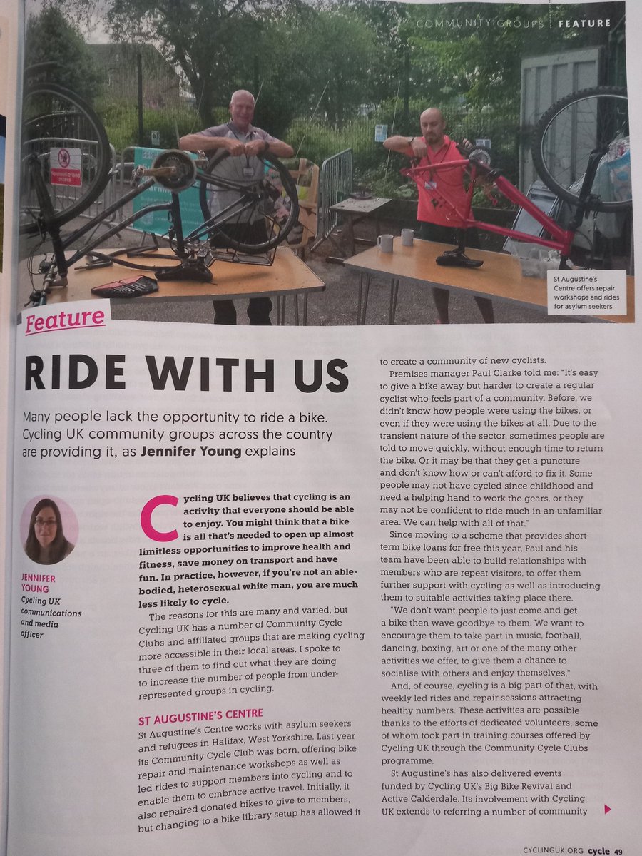 It's great to see the wonderful #CommunityCycleClub at @infostaugs getting some much deserved praise and publicity in the most recent @WeAreCyclingUK magazine! The work they are doing, and the impact they are making, is exceptional and long may it continue! 🧡