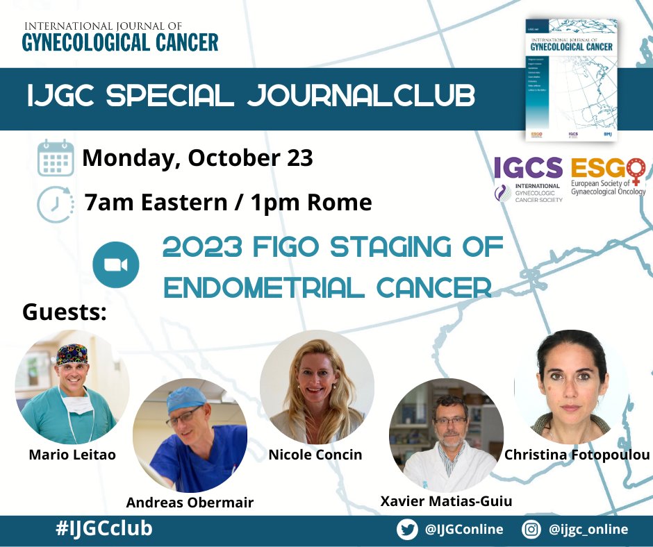 IJGC (@ijgconline) on Twitter photo #IJGCclub Mark your calendars!
📅October 23
⌛️7am EST/1pm Rome
We will have a very special guests to discuss about the 2023 FIGO staging of #EndometrialCancer
💻 bit.ly/3LVn1lv
<a href="/pedroramirezMD/">Pedro T Ramirez</a> <a href="/HsuMd/">Arthur_HC_Hsu</a> <a href="/leitaomd/">Mario M. Leitao, Jr</a> <a href="/AndreasObermair/">Andreas Obermair</a> <a href="/Xmatias_guiu/">Xavier Matias Guiu</a> <a href="/CF_PC_OvCaGroup/">Fotopoulou/Cunnea Ovarian Cancer Research group</a> #IJGCclub Mark your calendars!
📅October 23
⌛️7am EST/1pm Rome
We will have a very special guests to discuss about the 2023 FIGO staging of #EndometrialCancer
💻 bit.ly/3LVn1lv
<a href="/pedroramirezMD/">Pedro T Ramirez</a> <a href="/HsuMd/">Arthur_HC_Hsu</a> <a href="/leitaomd/">Mario M. Leitao, Jr</a> <a href="/AndreasObermair/">Andreas Obermair</a> <a href="/Xmatias_guiu/">Xavier Matias Guiu</a> <a href="/CF_PC_OvCaGroup/">Fotopoulou/Cunnea Ovarian Cancer Research group</a>