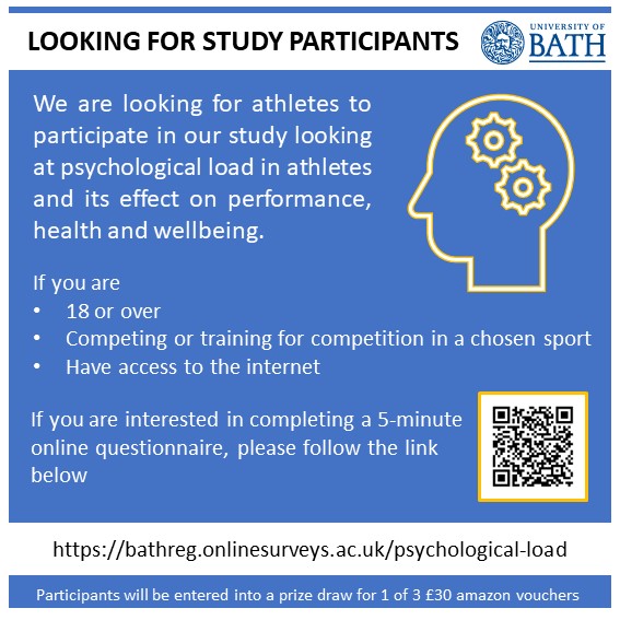 **Recruiting Participants**

Looking for athletes to help with my Master's research project. 

We studying psychological load and its effect on perfomance, health and wellbeing. 

Please share with anyone that may be interested in helping 

bathreg.onlinesurveys.ac.uk/psychological-…