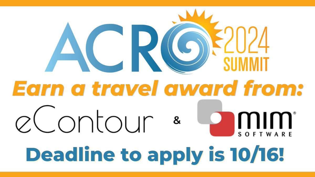 ACRO - American College of Radiation Oncology (@acroradonc) on Twitter photo 🚨Attention <a href="/ACROresident/">ACROresident</a>: Deadline is 1 week away to apply for a $500 #ACRO2024 travel award supported by <a href="/eContourRadOnc/">eContour</a> and <a href="/mimsoftware/">MIM Software</a>! Learn more and submit your case by October 16: acro.org/page/annual-me… 🚨Attention <a href="/ACROresident/">ACROresident</a>: Deadline is 1 week away to apply for a $500 #ACRO2024 travel award supported by <a href="/eContourRadOnc/">eContour</a> and <a href="/mimsoftware/">MIM Software</a>! Learn more and submit your case by October 16: acro.org/page/annual-me…