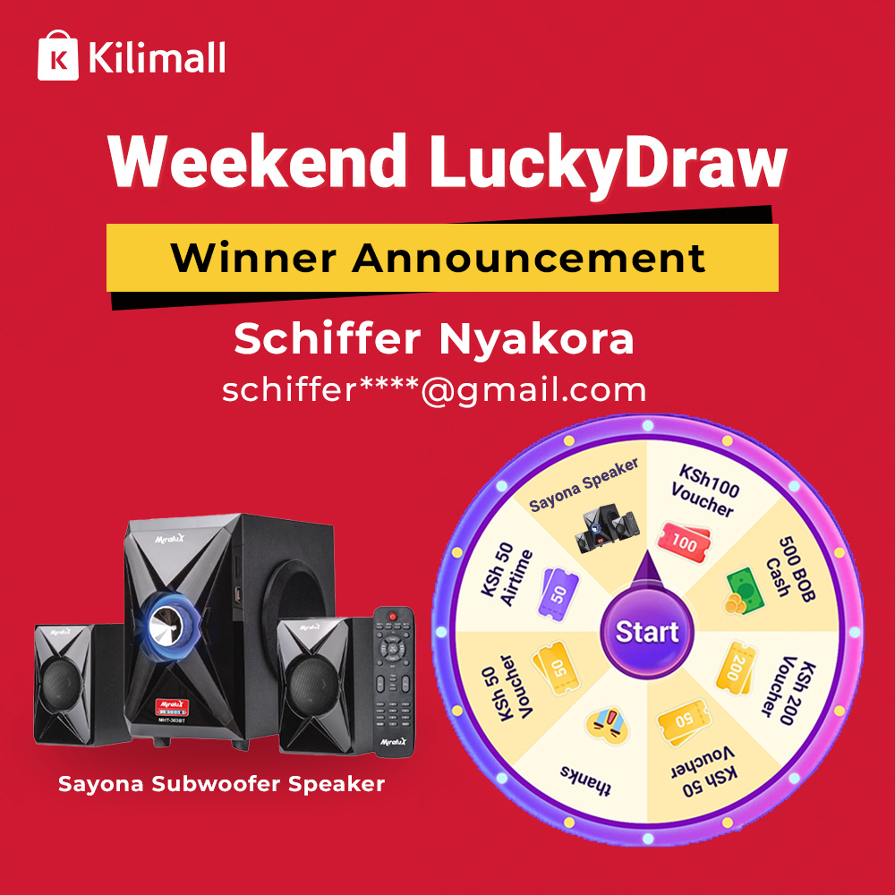 Kilimall's tweet photo. Congratulations to #SchifferNyakora   Our Lucky winner of the #Sayona Miralux Speaker! More Prizes are up, Spin Now<<               https://t.co/bRmo9X0dCw  #Kilimall #luckydrawchallenge https://t.co/DIT5sgPuIP