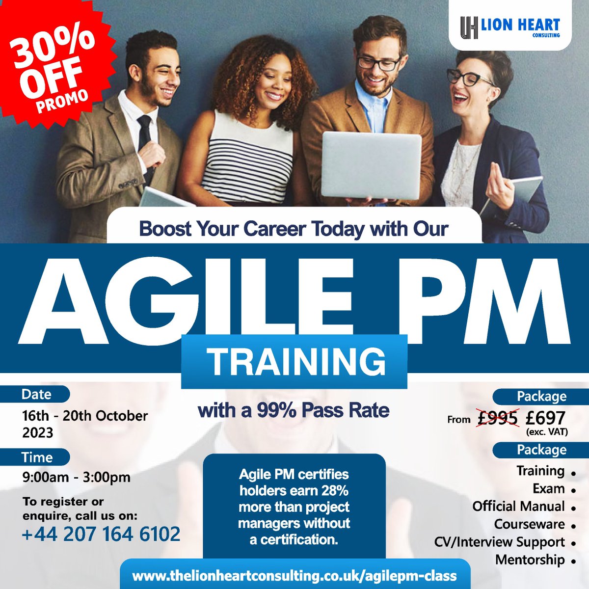 Lowest price offer on the Agile PM course. A 30% discount is on offer.

A certification in AgilePM will not only boost your skills, it will greatly improve your employment prospects and the wages you can command.

Enquire Here:
thelionheartconsulting.co.uk/agilepm-class

#Agile