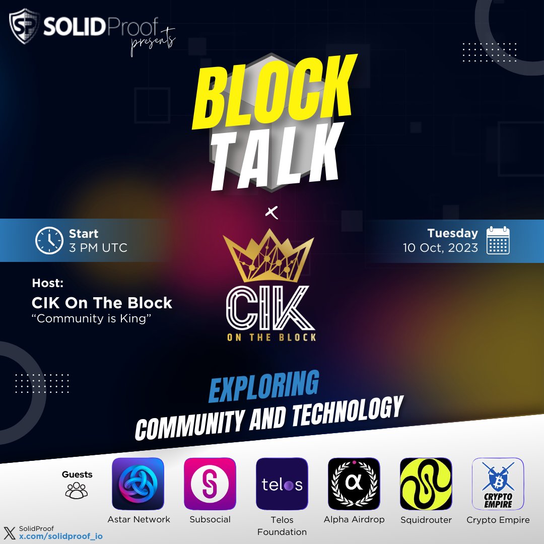 SolidProof_io's tweet photo. 🎙 #BlockTalk episode 4 will take place tomorrow and we have amazing guests lined up!

🕒 Join us tomorrow at 3 PM UTC for another special BlockTalk session and dose of #BlockchainNews.

🔜 https://t.co/HFsB15q0XN

Hosted by @CIKontheBlock 👑

#CryptoNews #XSpaces #Blockchain https://t.co/7KjZzCnqgf