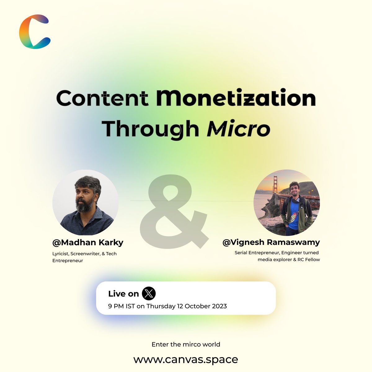 CanvasSpace's tweet photo. Join us for a conversation to explore new possibilities of content monetization for your creative business. We will talk about the experiments done so far, where we are at Canvas & what we have in store for the road ahead🙂
#CanvasSpace #MicroMonetization https://t.co/lhgCuVkomO