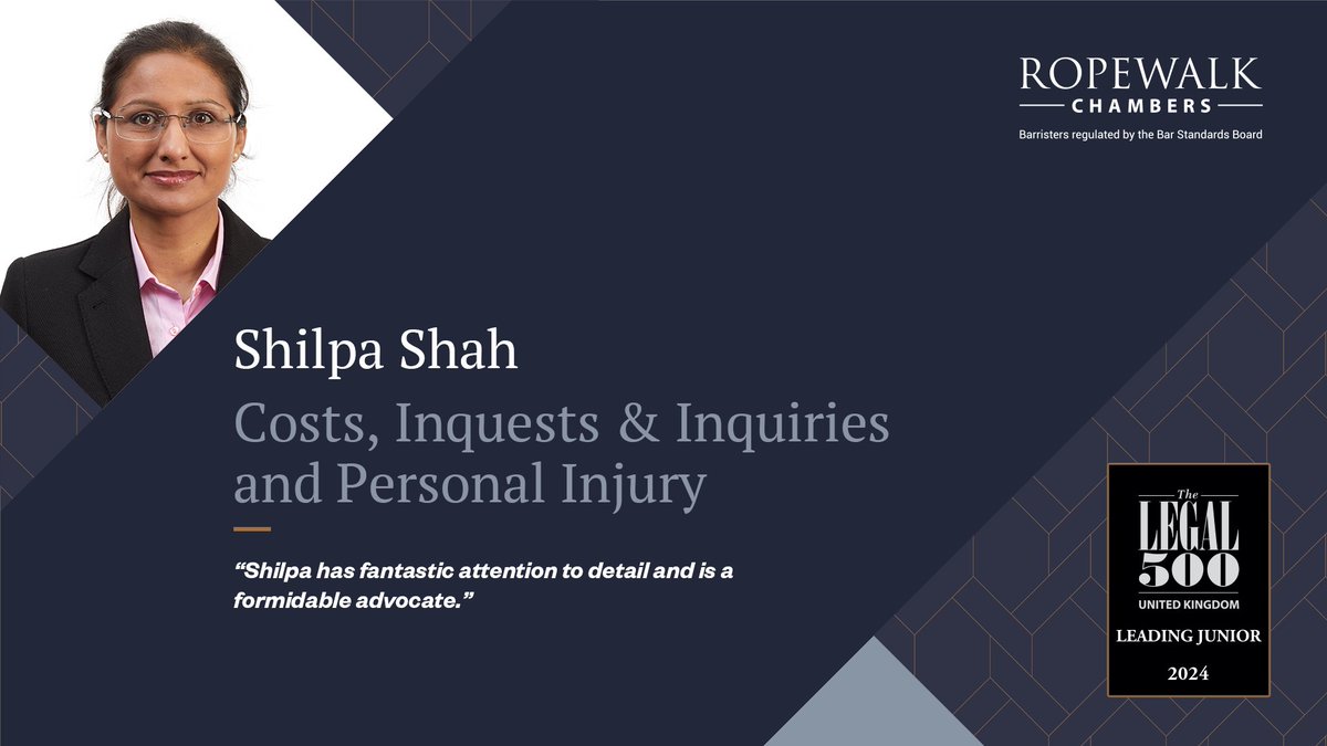 ropewalklaw's tweet photo. Shilpa Shah has been ranked as a Tier 1 Leading Junior in the 2024 edition of the #Legal500. Shilpa is ranked in Costs, Inquests &amp; Inquiries and Personal Injury.

For more on Shilpa's practice: https://t.co/1nzZGkYYpQ https://t.co/Pi1OHvyP8A