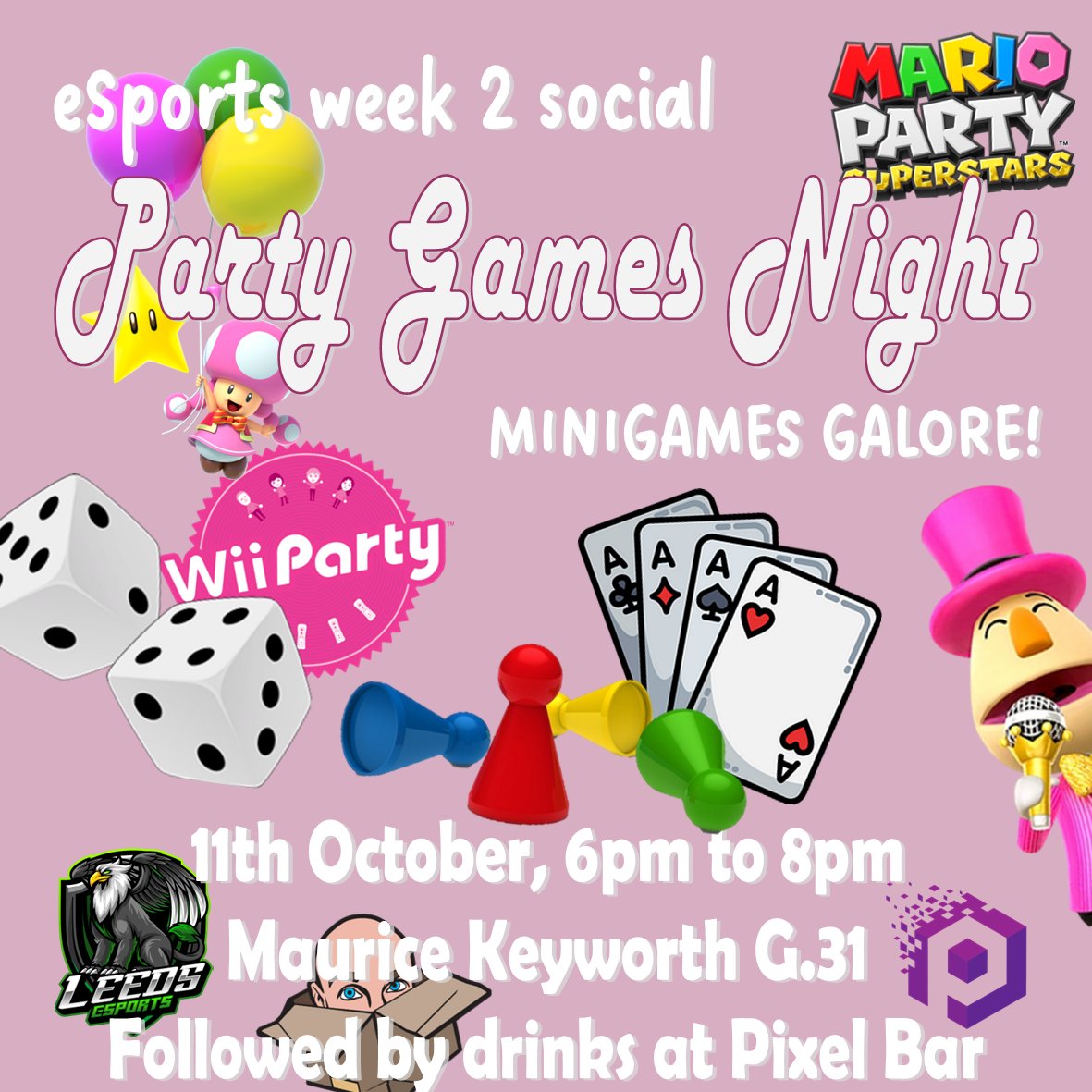 Our second weekly social will be Party Game themed! Swing by Maurice Keyworth G.31 this Wednesday from 6pm-8pm for some minigame fun. Jackbox will be on the projector for everyone to play and we'll also have lots of different types of party games on the other screens.