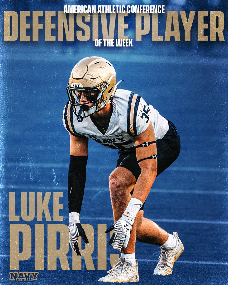 Navy Football (@navyfb) on Twitter photo Congratulations <a href="/Lukepirris4/">Luke pirris</a> for being named the <a href="/American_Conf/">The American</a> Defensive Player of the Week!
Luke made his first career start had a career-high nine tackles with a sack, a forced fumble and a fumble recovery in our 27-24 win! Congratulations <a href="/Lukepirris4/">Luke pirris</a> for being named the <a href="/American_Conf/">The American</a> Defensive Player of the Week!
Luke made his first career start had a career-high nine tackles with a sack, a forced fumble and a fumble recovery in our 27-24 win!
