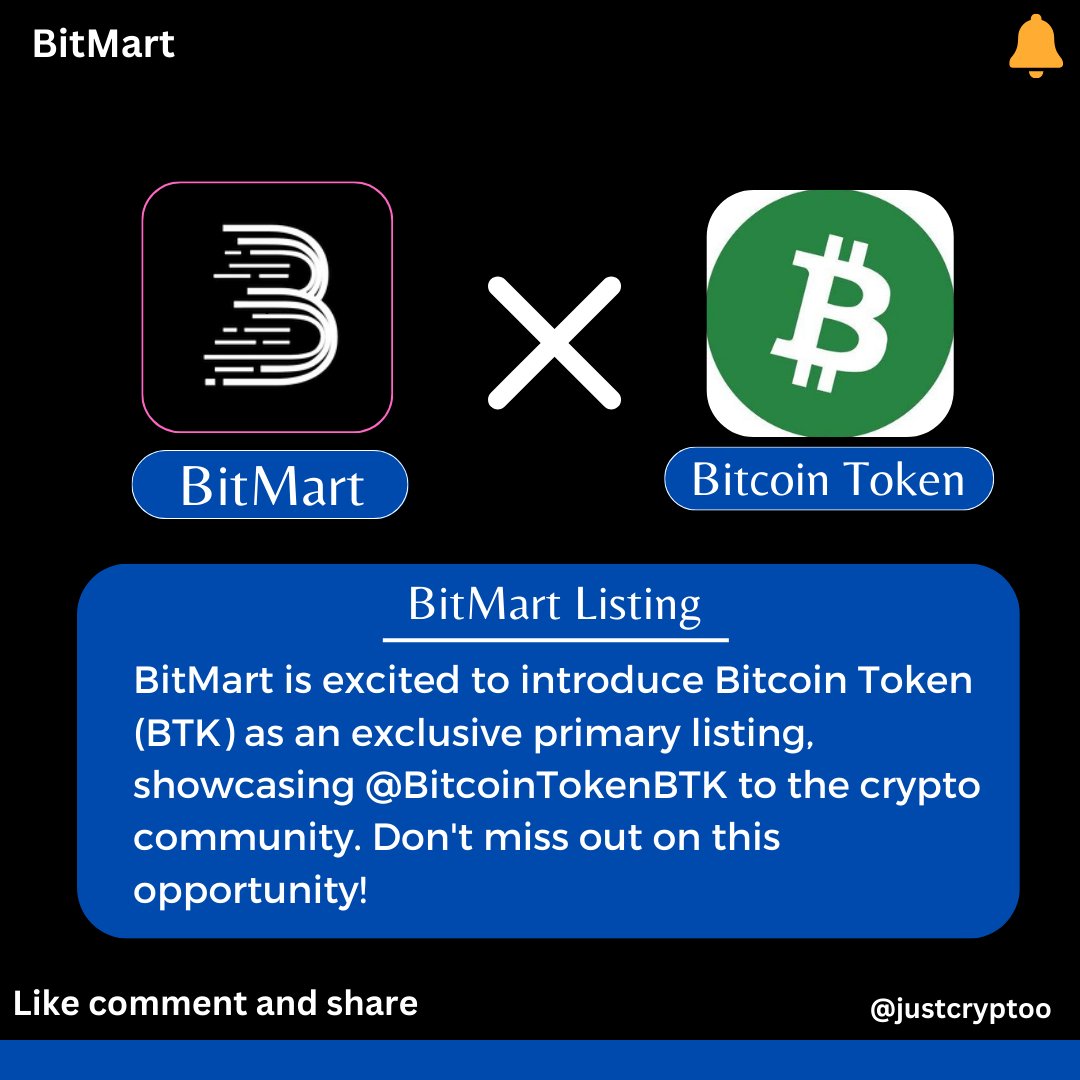 #BitMart is excited to exclusively list #Bitcoin #Token (BTK) – a significant opportunity for crypto enthusiasts. Don't miss out! Trade now 👉 bitmart.com/en?r=YQd8mj #crypto #trading #bitcointoken #bitMartindia #bitMartfutures #bitMartstar #bitMartnewlisting #investment 🧵👇