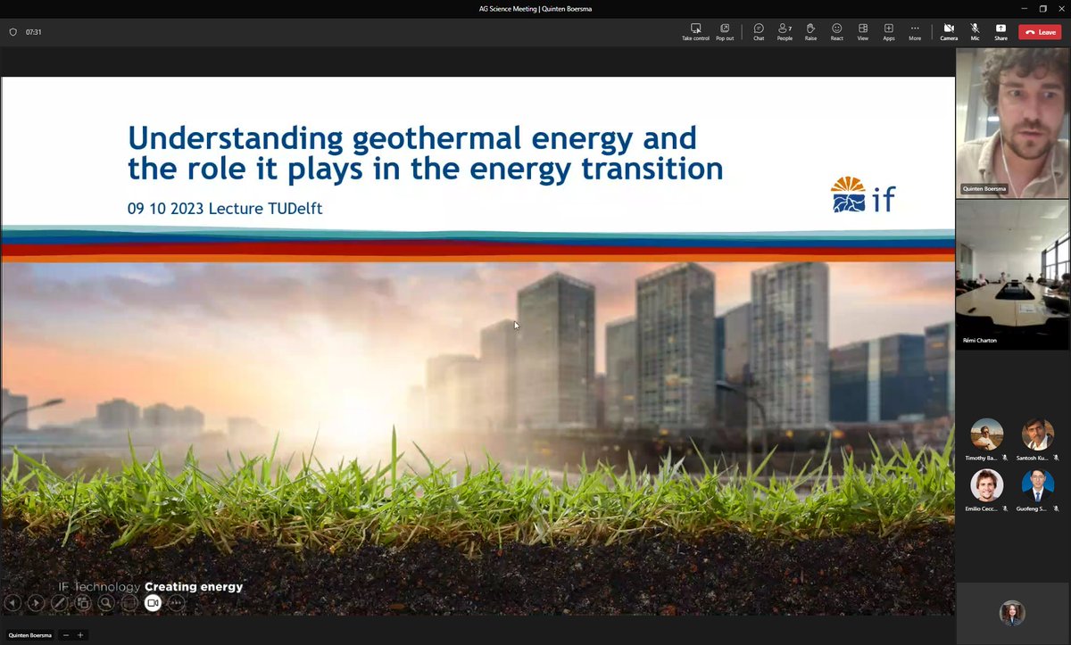 TUD_AppliedGeo's tweet photo. Today, our guest in the #AppliedGeology #ScienceMeeting was dr. Quinten Boersma. Quinten works at IF technologies and spoke to us about the role of #geothermal energy in the #energytransition, different available #technologies and the #workflow for developing #geothermal projects https://t.co/tJED3I7qb9