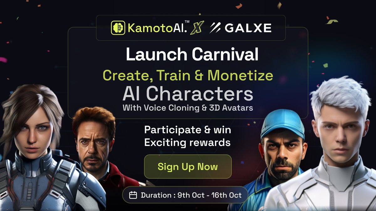 ❤️‍🔥<a href="/KamotoAI/">Kamoto.AI</a>  is now Live ❤️‍🔥

🎉In celebration of it, we have organized an exclusive <a href="/Galxe/">Galxe</a>  #Giveaway for all AI &amp; Metaverse Users.

🎁$20 worth of Prize for every participant

✅To enter:
galxe.com/comearth/campa…

📅 9th - 16th Oct

#Airdrop #Galxe  #aicontest