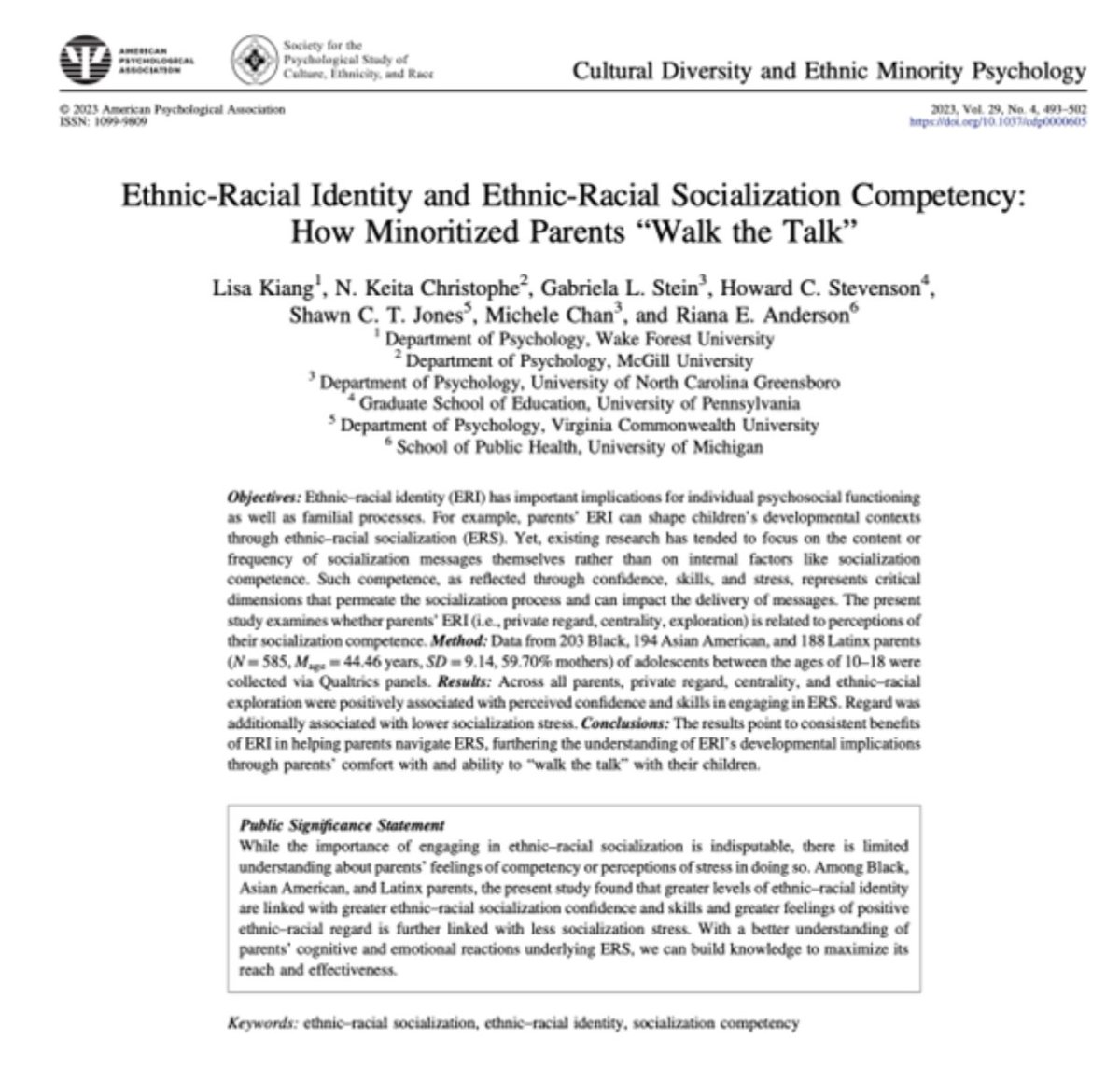 Lisa Kiang, <a href="/NK_Christophe/">Keita Christophe, PhD</a>, <a href="/livas_stein/">Gabriela Livas Stein</a>, <a href="/DrHoward_RECAST/">Dr. Howard Stevenson</a>, <a href="/SCTJones/">Shawn C.T. Jones</a>, <a href="/Michele11751315/">Michele Chan</a> , <a href="/rianaelyse/">still not here</a> find that parental ethnic-racial identity and socialization helps parents navigate their children’s racial development <a href="/APA_Journals/">APA Journals</a>

psycnet.apa.org/record/2023-83…