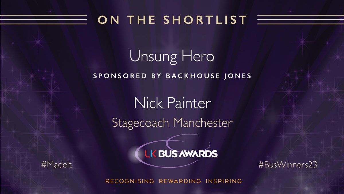 🌟 Let's salute the Unsung Heroes of our industry! Nick Painter from Stagecoach Manchester is a finalist for the Unsung Hero award at the #UKBusAwards, sponsored by Backhouse Jones. Your contributions don't go unnoticed. Thank you! 👏  #BusWinners23 #MadeIt