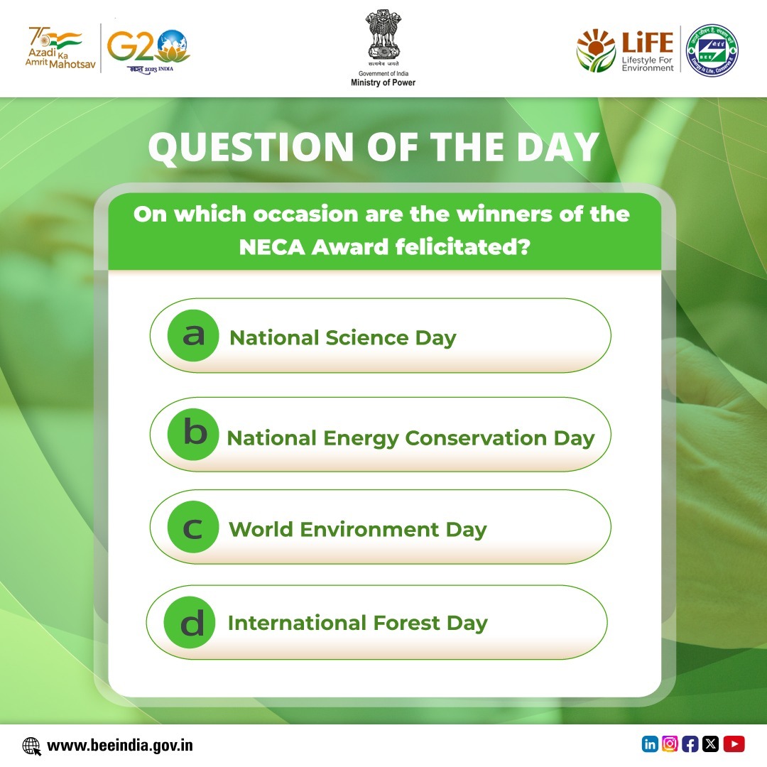 Get ready for the most prestigious award night in the field of #energyefficiency. Test your knowledge & share your answers on the comments below. 
#Sustainabledevelopment #sustainabilityIndia #EnergyEfficiency #energyconservation #energytransistion #GreenIndia  #NECA2023