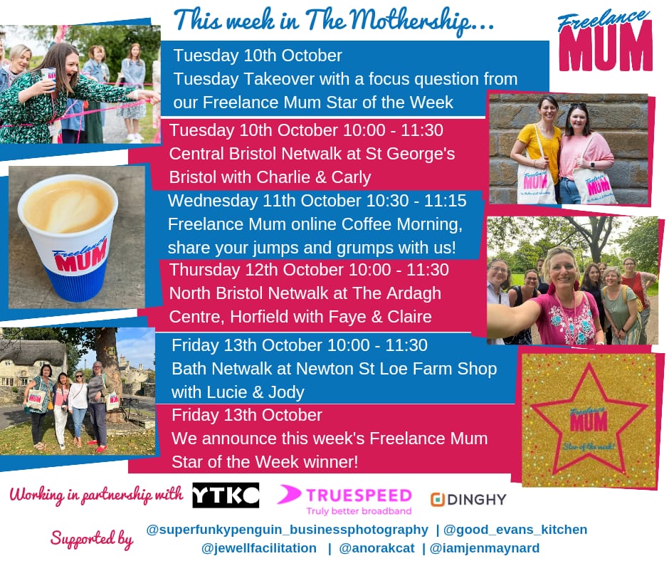 Here's what's going on this week at Freelance Mum... Don’t forget you can join us FREE for 30 days, you’ll ❤ it. Freelance Mum working in partnership with @YTKO_Enterprise @theTRUESPEED @getdinghy & supported by @Goodevanskitch1 @HeleneJewell @PenguinAdele