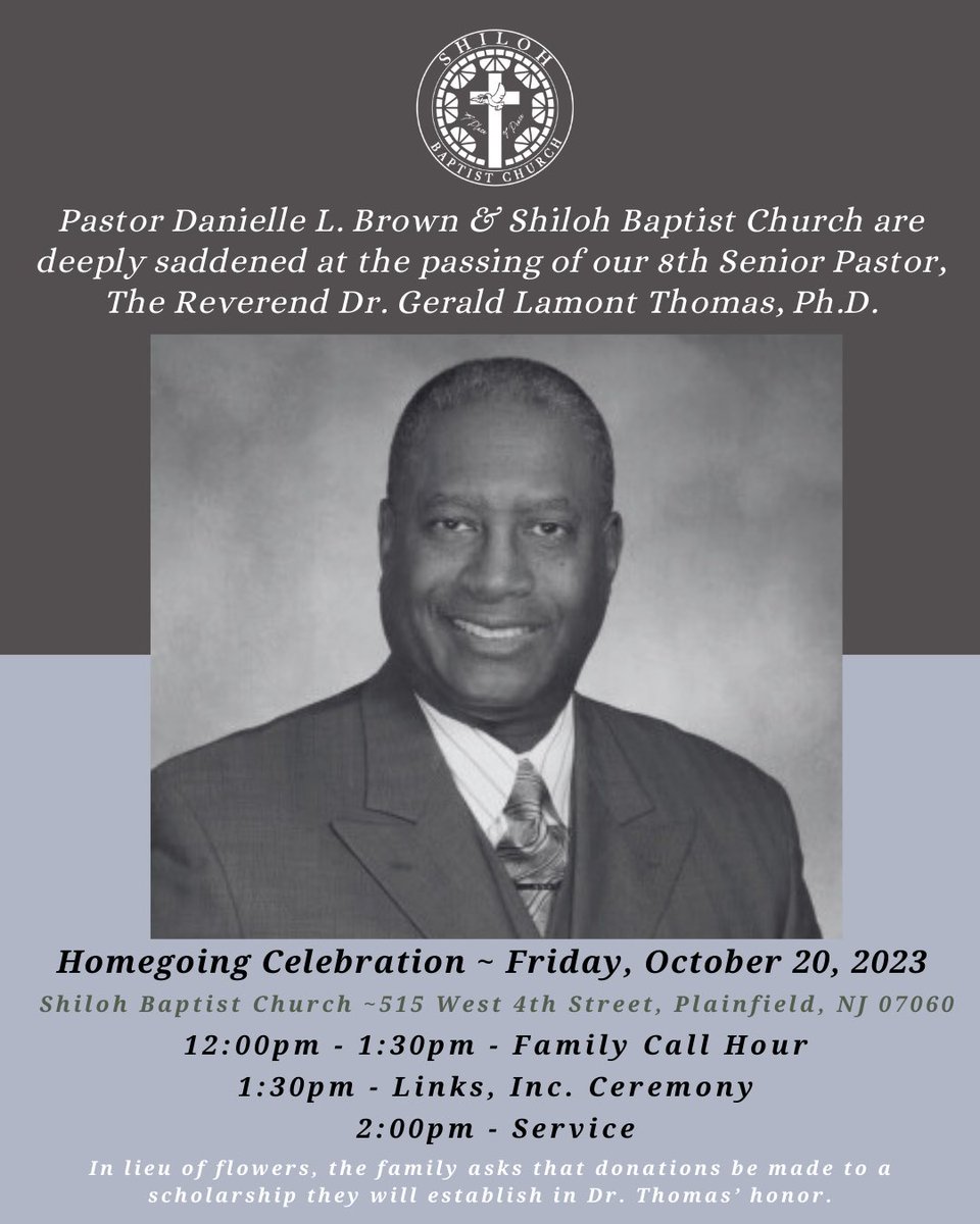 We are deeply saddened to hear of the passing of Shiloh’s, 8th Senior Pastor, The Reverend Dr. Gerald Lamont Thomas, Ph. D. 

The homegoing celebration will be held at Shiloh on Friday, October, 20, 2023. 

Please keep the family of Dr. Thomas in your prayers. 🙏🏽