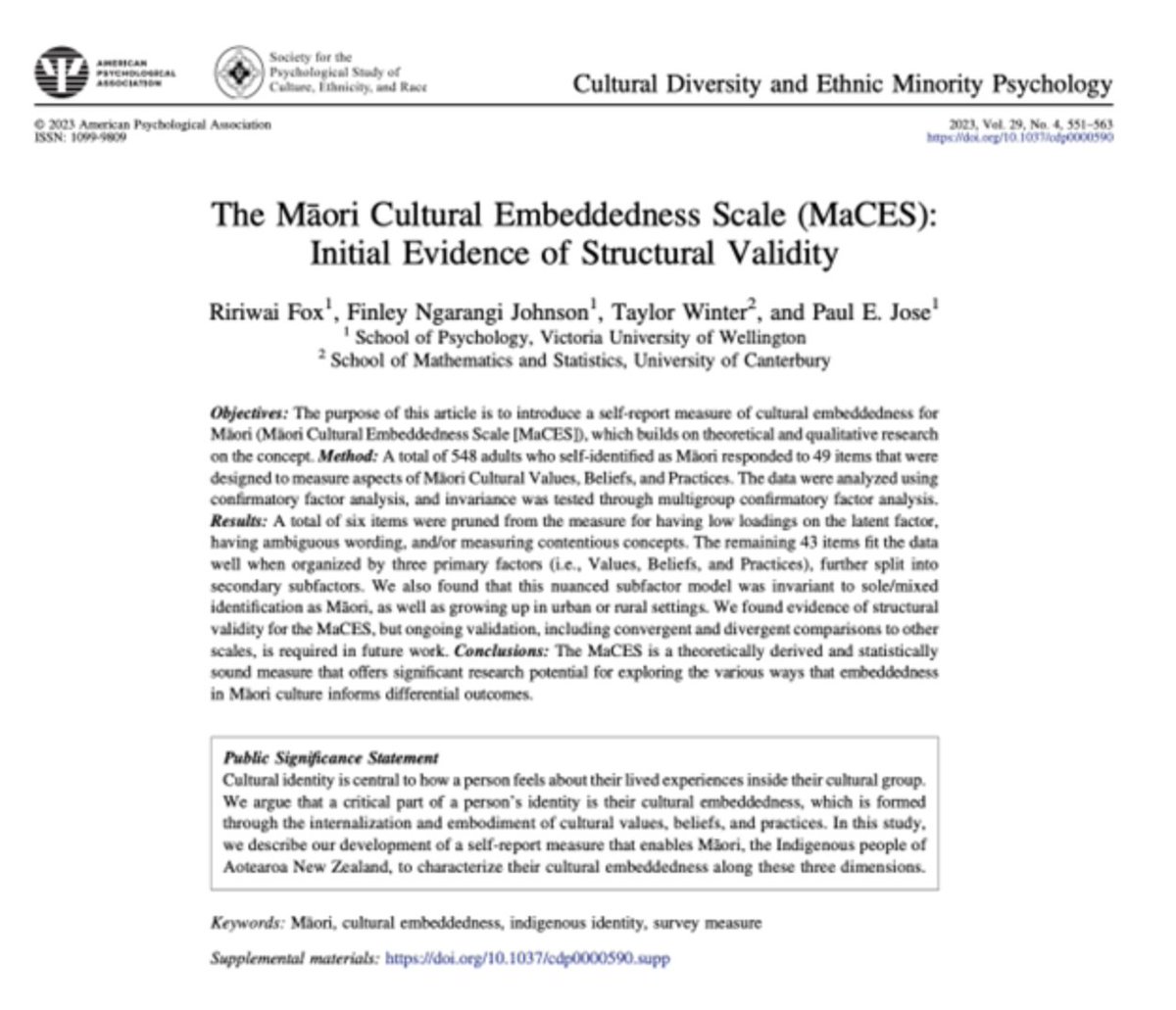 Su Yeong Kim (@prof_suyeongkim) on Twitter photo <a href="/FinleyNJohnson/">Finley Ngarangi Johnson</a> and others validated their own self-report measure for the cultural embeddedness of Māori individuals and found its potential for informing future enculturation research for Māori and other Indigenous groups <a href="/APA_Journals/">APA Journals</a>
psycnet.apa.org/record/2023-73… <a href="/FinleyNJohnson/">Finley Ngarangi Johnson</a> and others validated their own self-report measure for the cultural embeddedness of Māori individuals and found its potential for informing future enculturation research for Māori and other Indigenous groups <a href="/APA_Journals/">APA Journals</a>
psycnet.apa.org/record/2023-73…