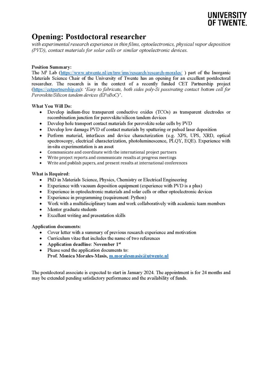 📢We are #hiring! we have a #postdoc position opening <a href="/m3lab_/">M³ Optoelectronic Materials Group</a> <a href="/UTwente/">University of Twente (inactive)</a>  to work on the development of #indium-free #transparent #conductive #oxides for solar cells. Interested? see details below. #materials #solar #energy #tandems #PV
