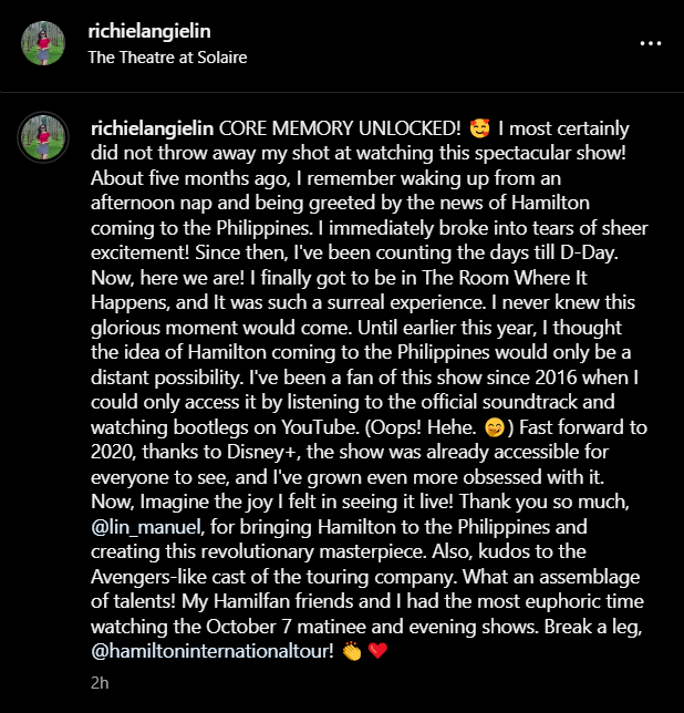 iamLINimitable's tweet photo. Two days later, I still feel elated because of this. 🤩🇵🇭
#HAMILTONPH @HamiltonMusical @Lin_Manuel 
Being in the room where it happens really does hit differently. I wanna see it again!  🥹🤍 Any FIlipino Hamifans here? Have you seen the show yet? 🥰 https://t.co/uMiDA3atyc