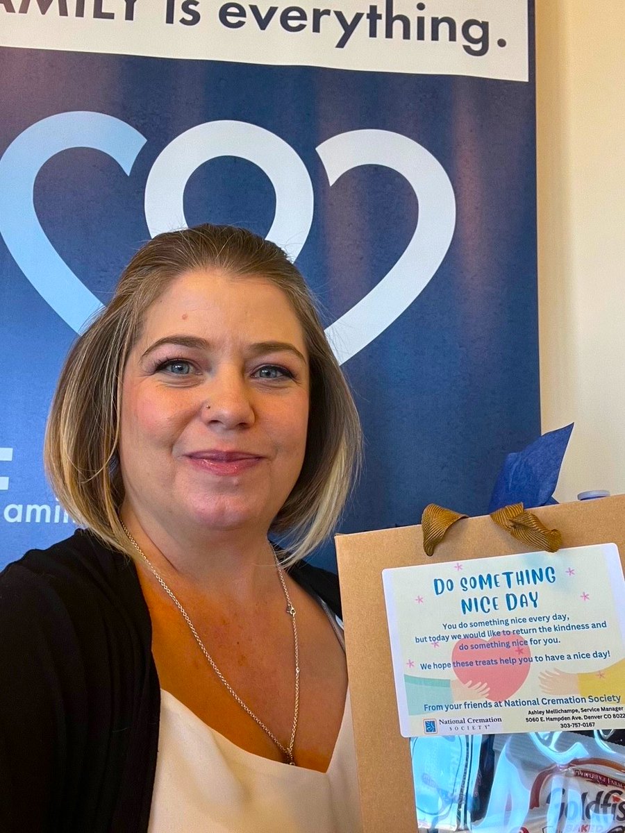 NatCremation's tweet photo. NCS Denver Service Manager Ashley Mellichampe and Office Coordinator Delane Rogers brought gift bags filled with yummy treats for the staffers of local assisted living facilities to honor #DoSomethingNiceDay. https://t.co/rSlfisJ1Gl