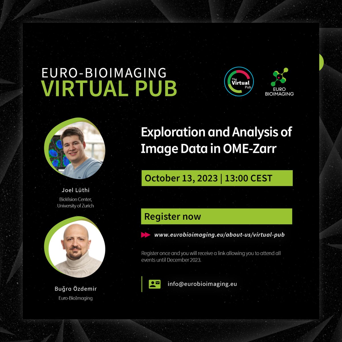 EuroBioImaging's tweet image. We look forward to this Friday&apos;s #VirtualPub with @joel_luethi, Friedrich Miescher Institute for Biomedical Research, and Bugra Özdemir of Euro-BioImaging. They will take us on an &quot;Exploration and Analysis of Image Data using #OMEZarr.&quot;
All are welcome! ⤵️
eurobioimaging.eu/about-us/virtu…