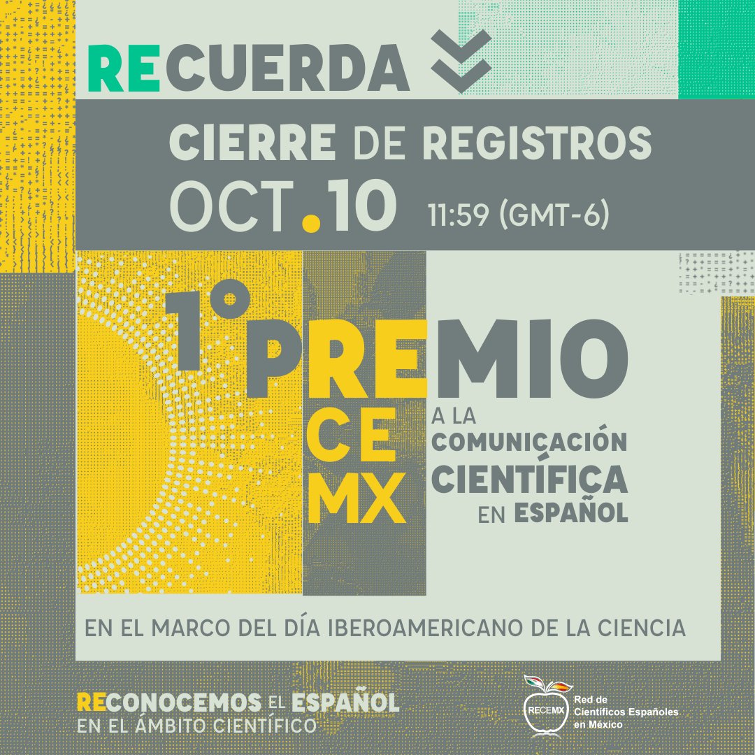 ¡El tiempo se agota, últimos días para recibir postulaciones al #PremioRECEMX! Tu trabajo es una importante contribución a la comunicación científica. Bases del concurso 👉DESCARGA LA CONVOCATORIA Y PARTICIPA📥📄: recemx.com.mx/premiorecemx20…
#ComunicaciónCientífica
