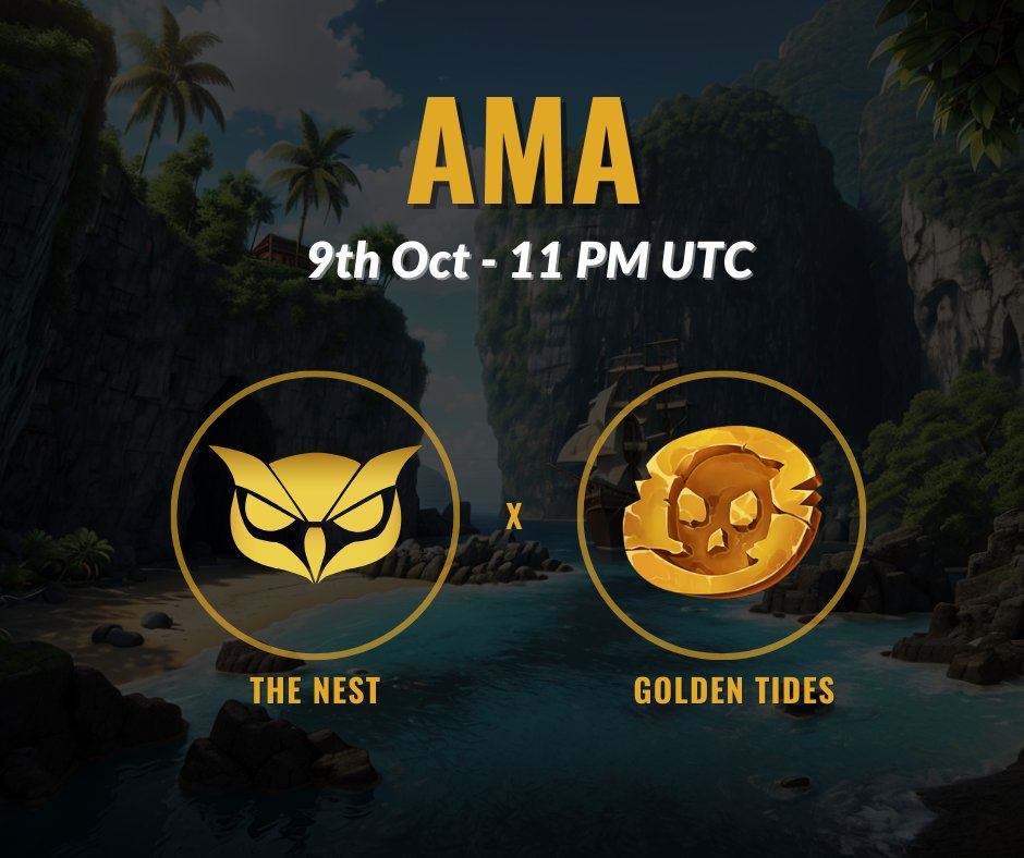 Happy monday Nest! 🦉

Today we will have a very cool AMA with <a href="/GoldenTides_gg/">Golden Tides</a> team, a MOBA with pirates!

⏰ 11pm UTC / 8pm UTC-3.
Meet at: discord.gg/the-nest-dao

Lets talk about their game and giveaway some exclusive Alpha NFT airdrop! 🏴‍☠️🦜