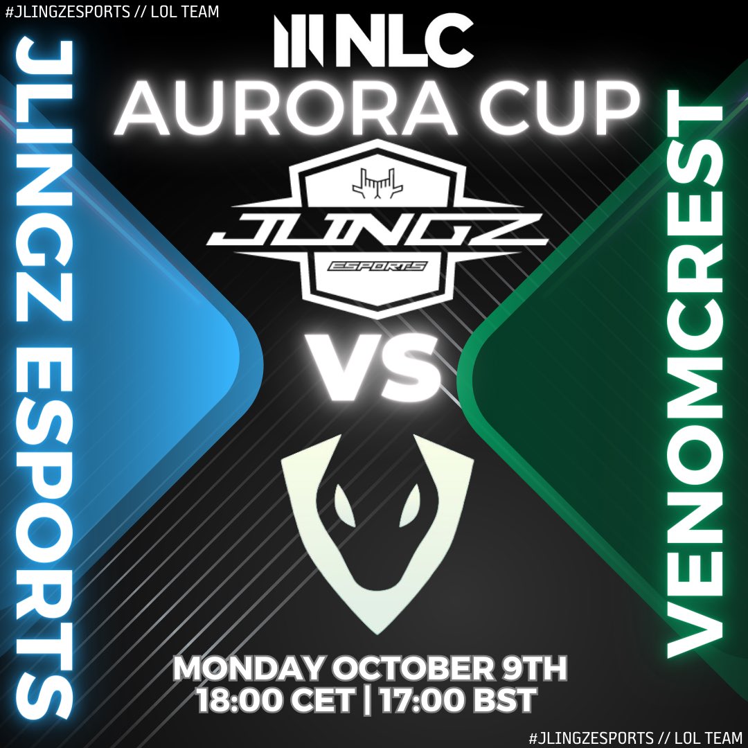 🎮 It's game day for our LOL squad! 🎮 Join us in the NLC Aurora Cup for a thrilling UK derby showdown against @VNC_Esports🇬🇧 We're ready to bring the heat! 🔥 Tune in at 18:00 CET (17:00 BET) on twitch.tv/makariagaming and witness the action LIVE! 📺👾 #JlingzEsports #NLC