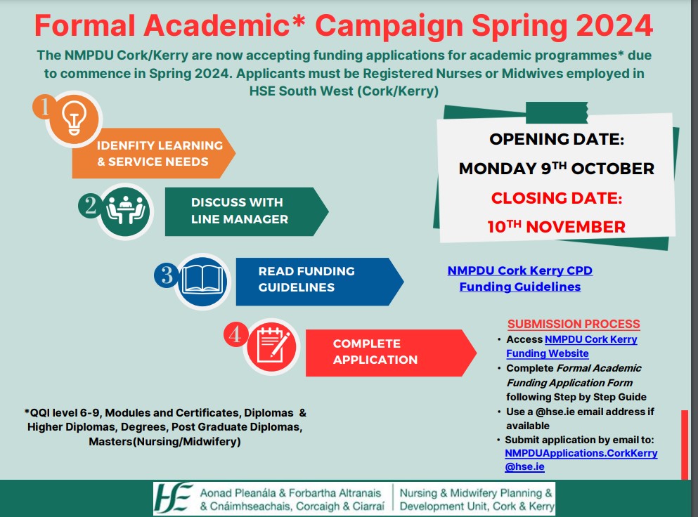 Now Open 🥳and accepting applications for Spring 2024 Formal Academic Funding Campaign. Further information below 👇 
<a href="/CorkKerryCH/">Cork Kerry Community Healthcare</a> <a href="/CUH_Cork/">Cork University Hospitals</a> <a href="/HospitalMallow/">Mallow General Hospital</a> <a href="/BGHsswhg/">Bantry General Hospital -SSWHG</a> <a href="/uhknursing/">UHKNURSING</a> <a href="/IrelandSouthWID/">Ireland South Women & Infants Directorate</a> <a href="/BridAOSullivan/">Bridie O'Sullivan</a> <a href="/uccnursmid/">UCC School of Nursing & Midwifery 🌈</a>