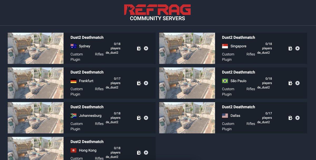 Refrag Public Deathmatch servers update:

- Servers page now publicly accessible (no registration required) 
- Full deathmatch mod
- Disabled radar
- Fixed vote kick bug
- Pretty server page

play.refrag.gg/community_serv…