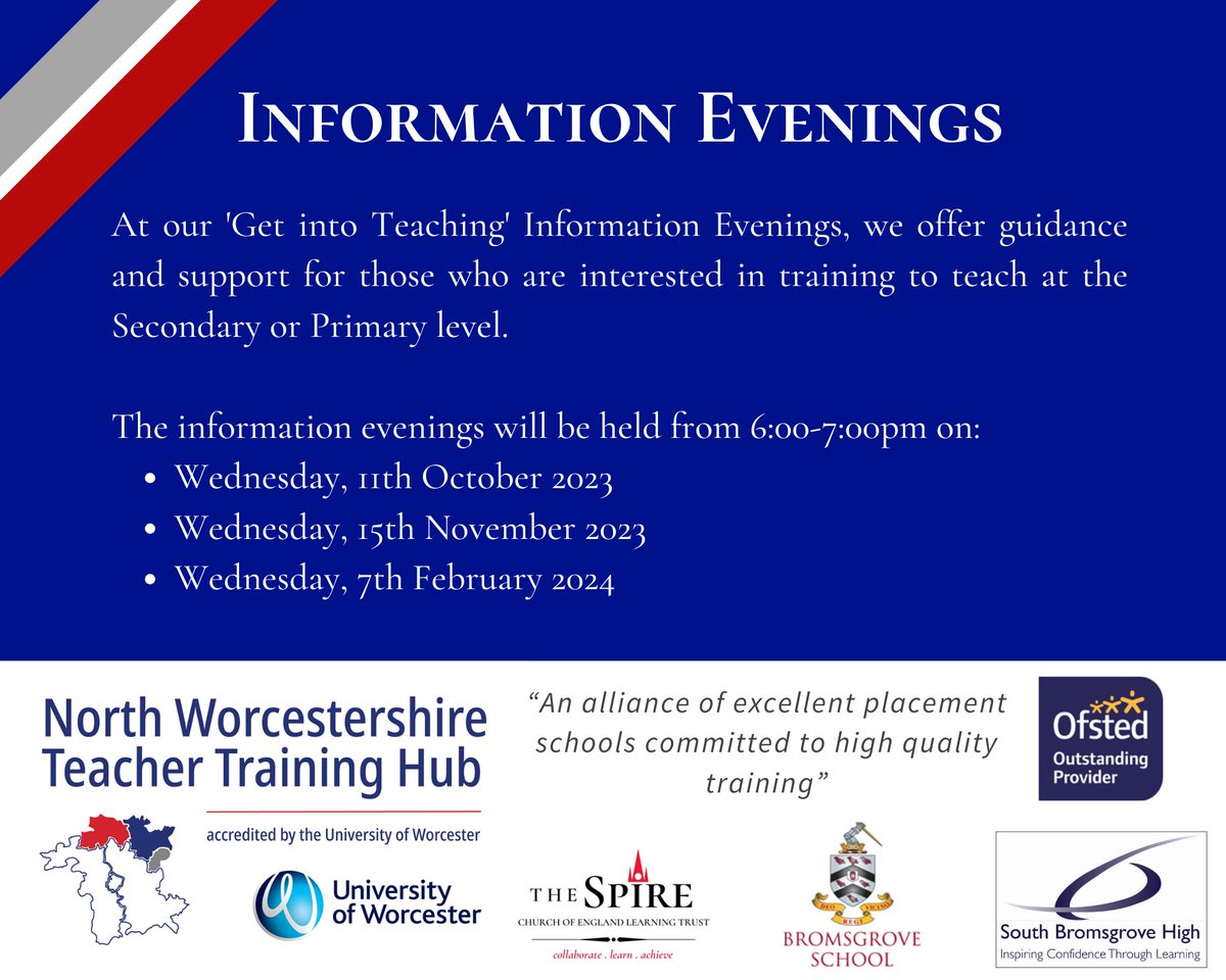 🚨🚨🚨Are you considering a career in teaching?

Our 'Get into Teaching' Information Evenings provide valuable insights and guidance for those interested in pursuing a career in teaching at the Primary or Secondary level! #NWTTH #TST #SBHS